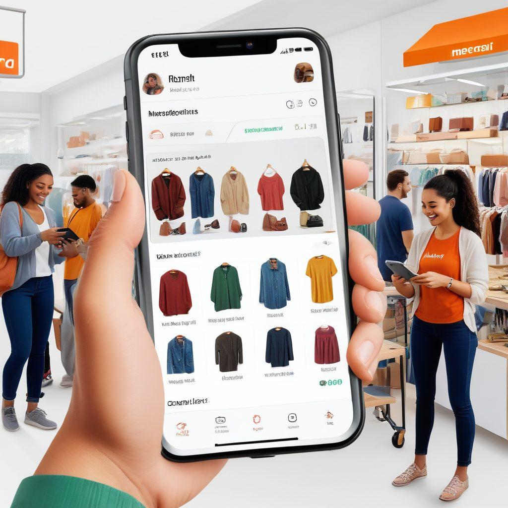 A detailed illustration of a bustling online marketplace with people exchanging various pre-owned items like electronics, clothing, and furniture. Depict the Mercari app interface on a phone screen in the foreground. Include a sense of excitement and satisfaction on the users' faces. super-realistic. vibrant colors. white background.