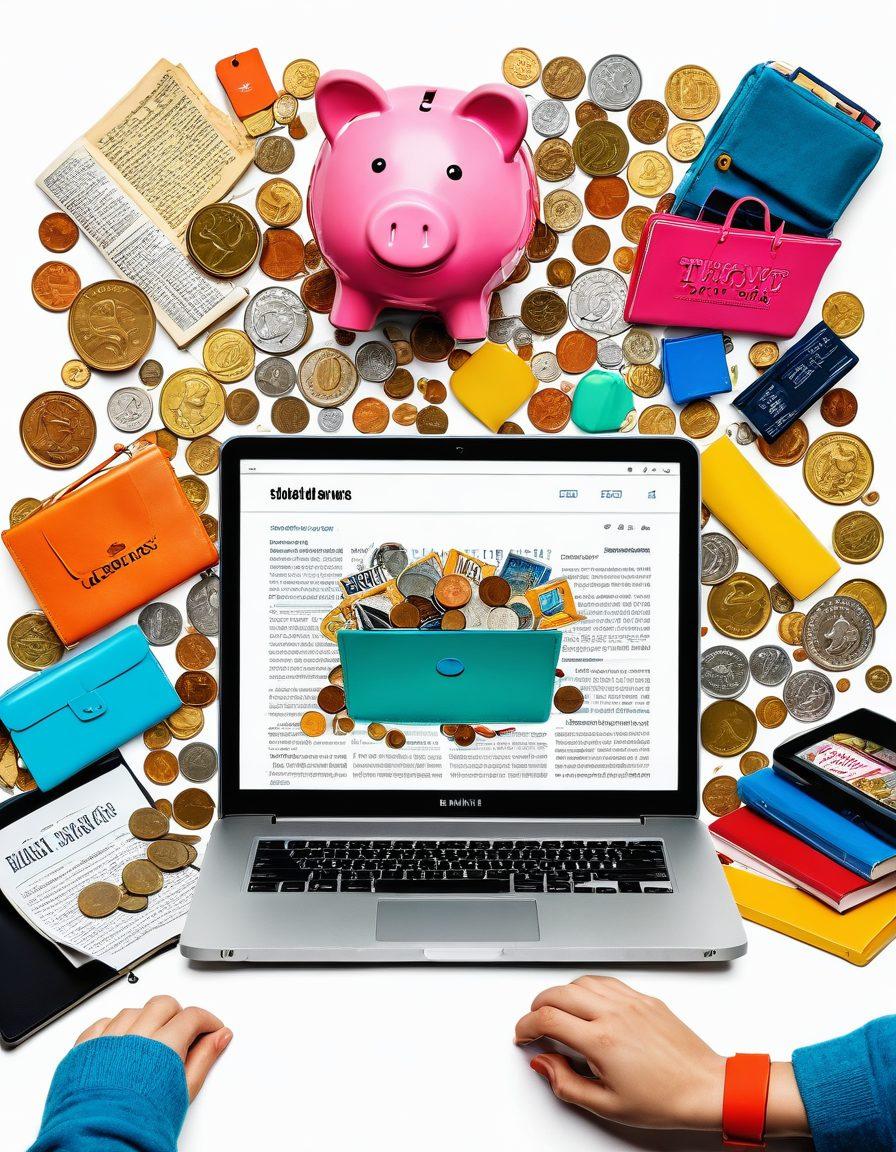 A dynamic and engaging scene of a laptop displaying an online thrift store, with a person browsing on one side and a piggy bank overflowing with coins on the other side. The backdrop features colorful thrift items like clothes, books, and vintage accessories. super-realistic. vibrant colors. white background.
